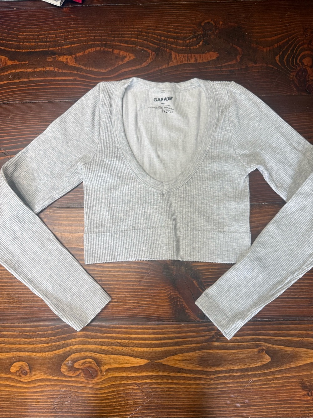 Garage Light Gray Ribbed Scoop Neck Long Sleeve Crop Top